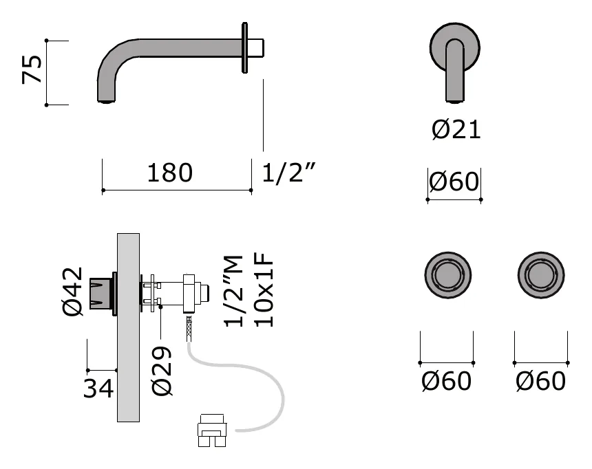 Wall Mounted Basin Spout 180mm With Remote Controls technical drawing with dimensions