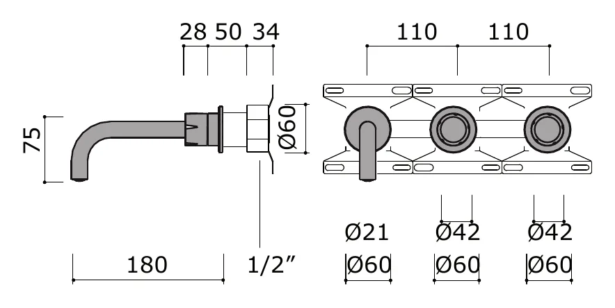 Concealed Wall Mounted Basin Faucet 180mm Spout technical drawing with dimensions