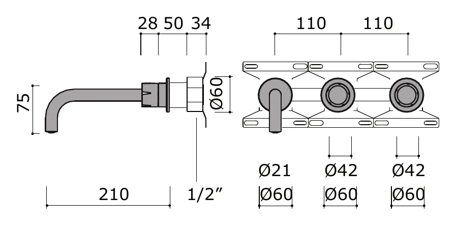 Wall Mounted Basin Faucet With 210mm Long Spout technical drawing with dimensions