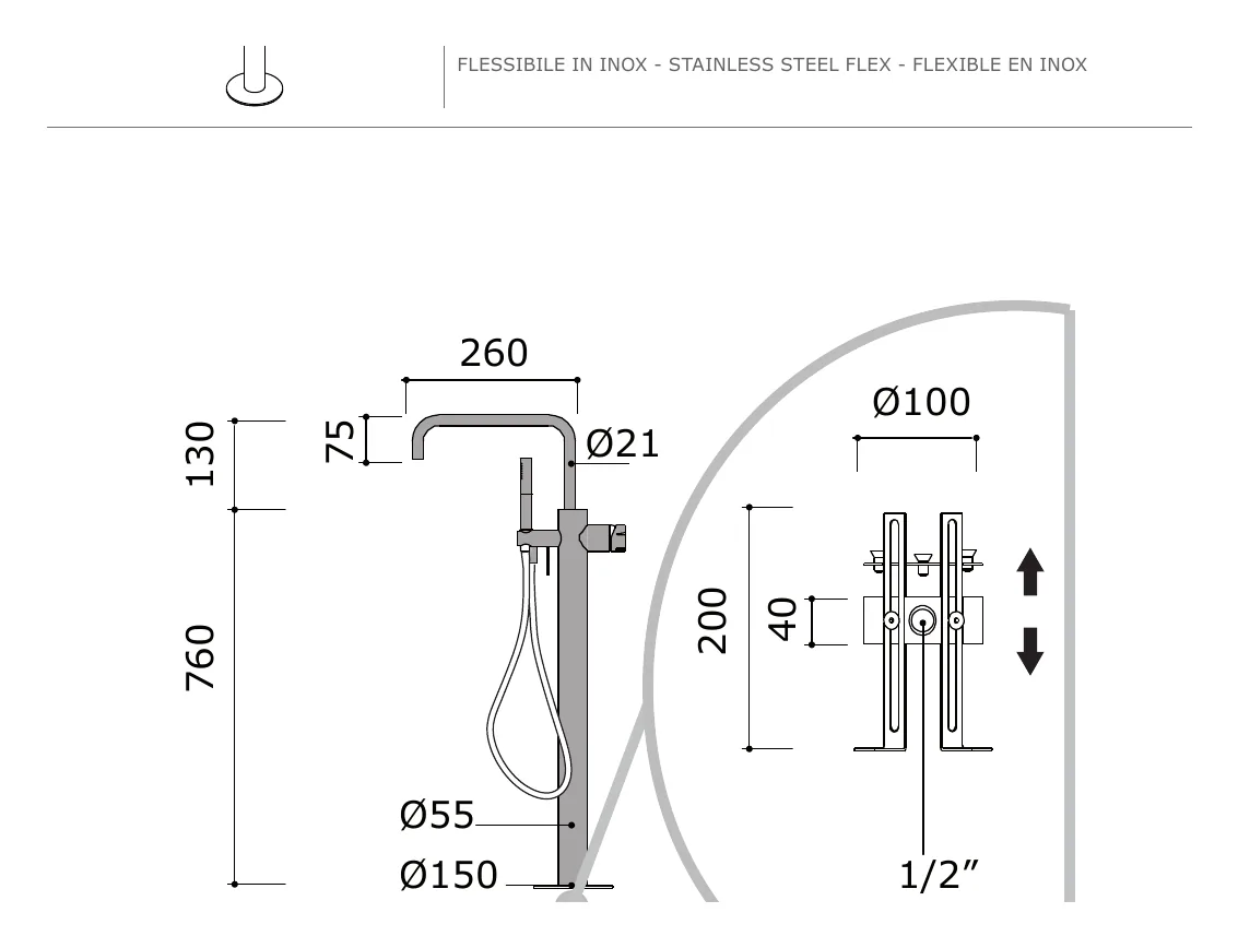 Floor Standing Bath Mixer With Handshower And Hose technical drawing with dimensions