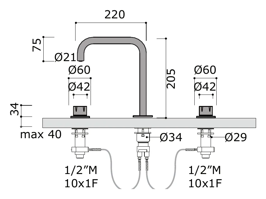 Three Hole Basin Mixer Set Without Waste technical drawing with dimensions