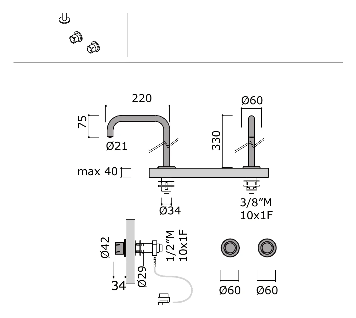 Basin Set With Deck Spout And Remote Wall Controls technical drawing with dimensions