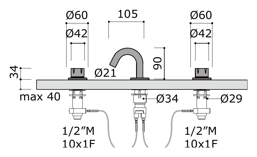 Three Hole Bidet Mixer Set Without Waste technical drawing with dimensions