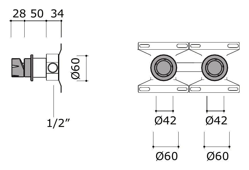 Concealed Wall Mixer Set With Two Way Diverter technical drawing with dimensions