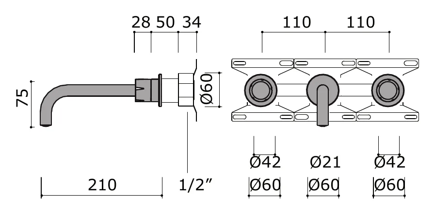 Concealed Wall Mounted Basin Tap with 210mm Spout technical drawing with dimensions