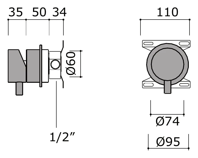 Wall Mounted Bath and Shower Mixer technical drawing with dimensions