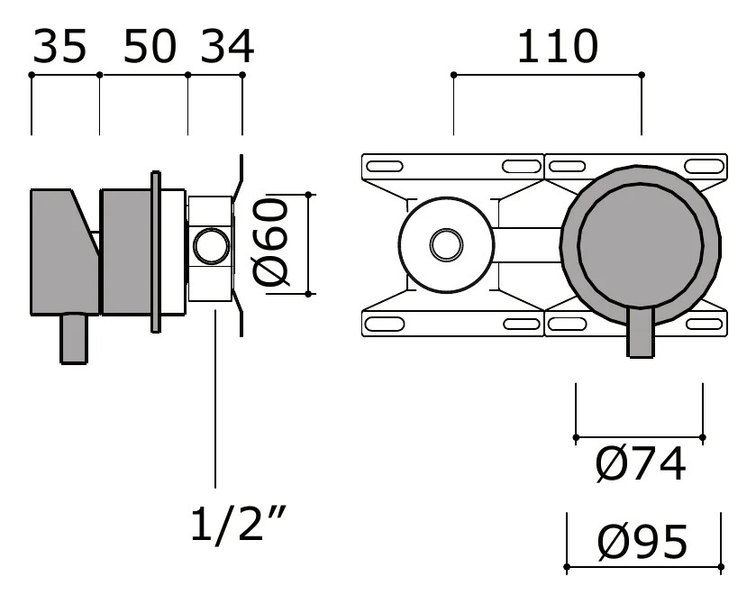 Concealed Wall Mounted Shower Valve Body technical drawing with dimensions