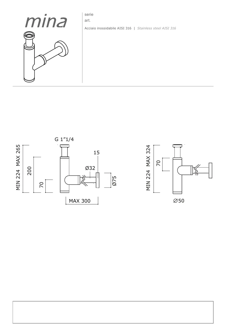 Extensible Reversible Waste Trap technical drawing with dimensions