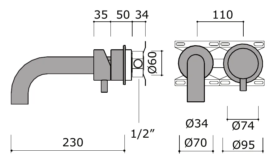 Wall Mounted Bath Set with Mixer and Flexible Spout technical drawing with dimensions