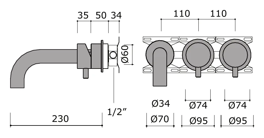 Wall Mounted Bath Set with Mixer, Spout and Diverter technical drawing with dimensions