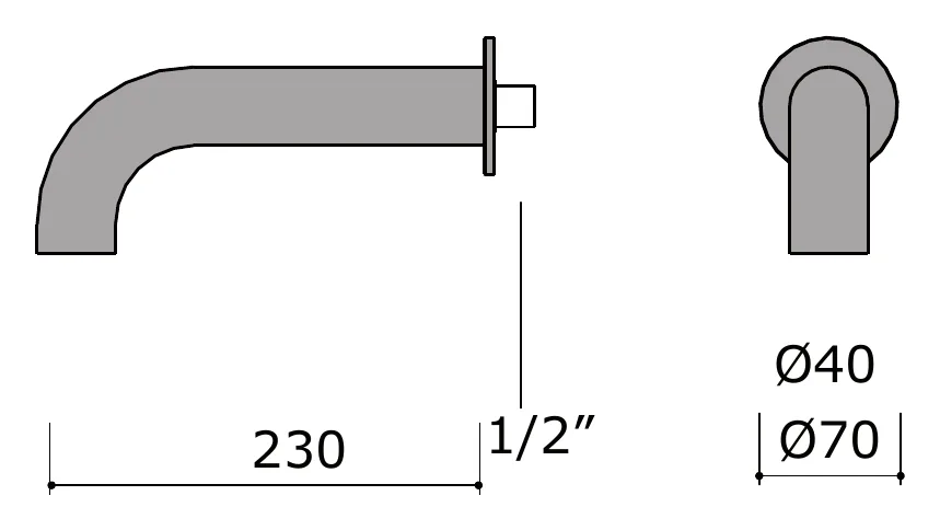 Wall Mounted Bath Spout, 40 mm, 230 mm Projection technical drawing with dimensions