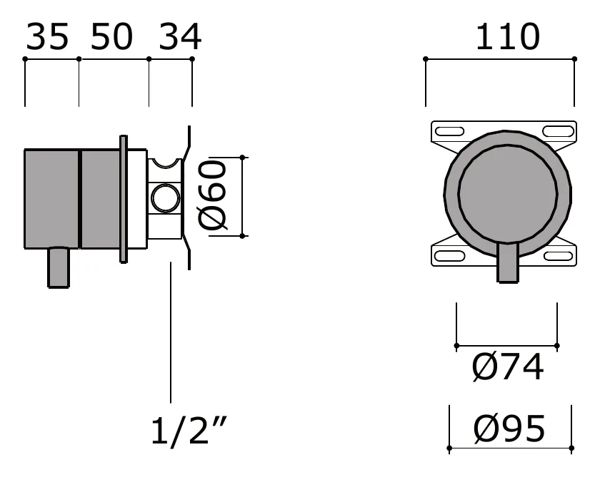 Two Way Wall Mounted Diverter technical drawing with dimensions