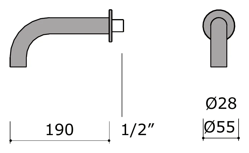 190mm Wall Mounted Bath Filler Spout technical drawing with dimensions