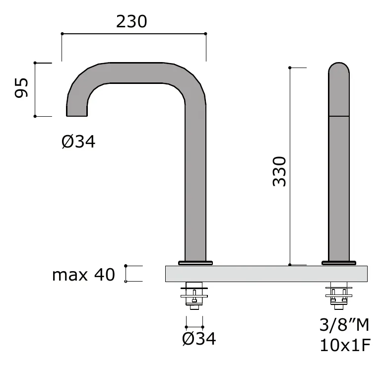 Rim Mounted Bath Spout for Freestanding Tubs technical drawing with dimensions