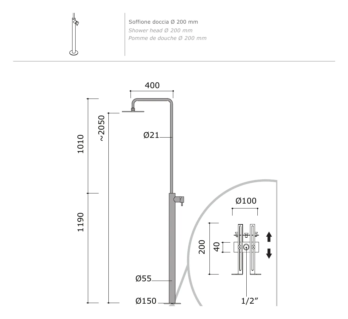 Floor Standing Shower Column with Mixer and Head technical drawing with dimensions