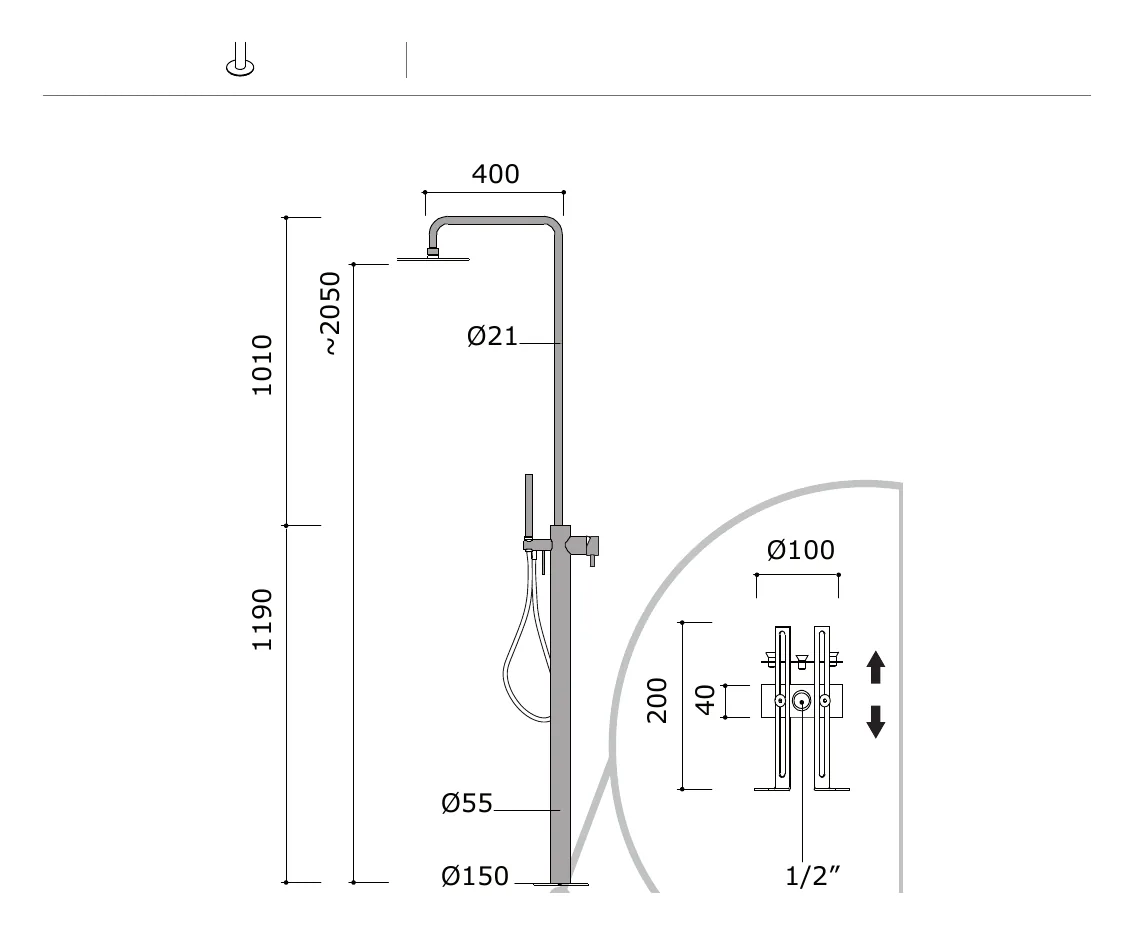 Freestanding Shower Column with Diverter and Hand Shower technical drawing with dimensions