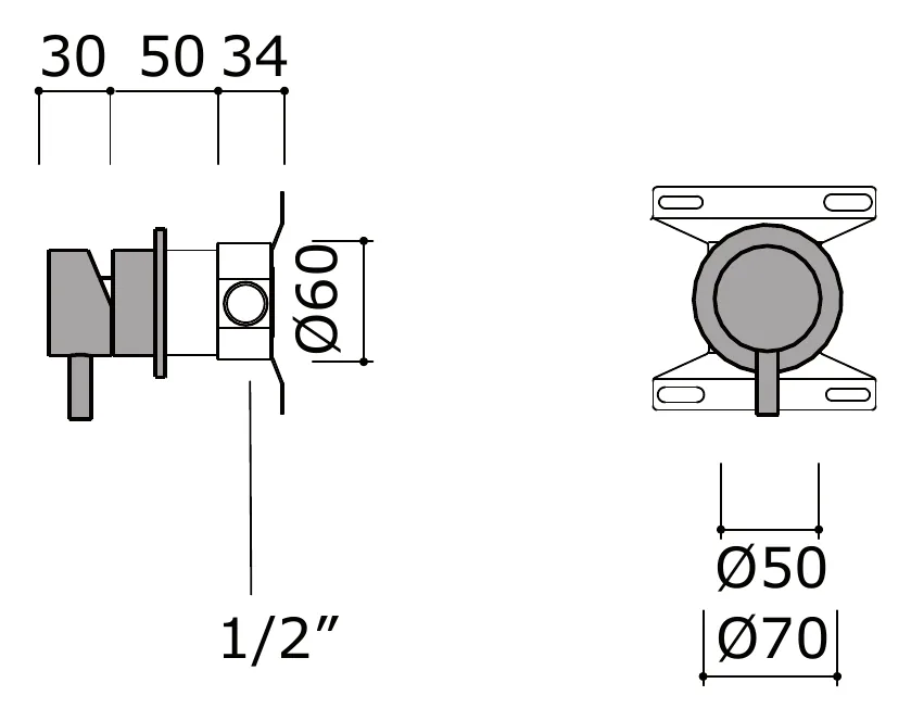 Concealed Wall Mounted Bath Mixer technical drawing with dimensions