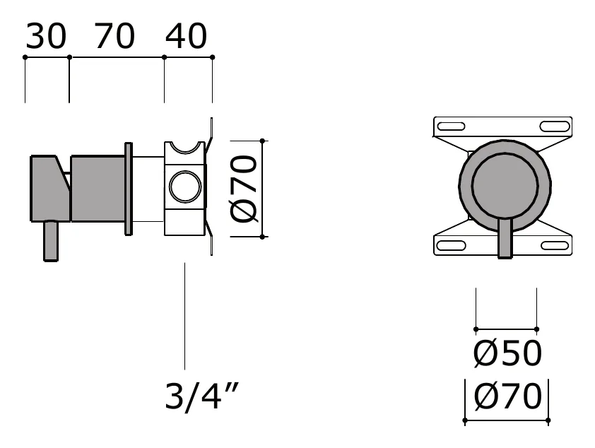 Concealed Wall Mixer, High Flow technical drawing with dimensions