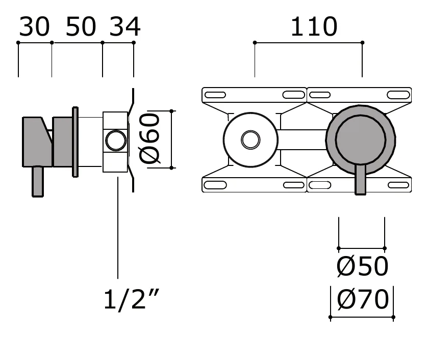 Concealed Wall Mixer Without Spout technical drawing with dimensions