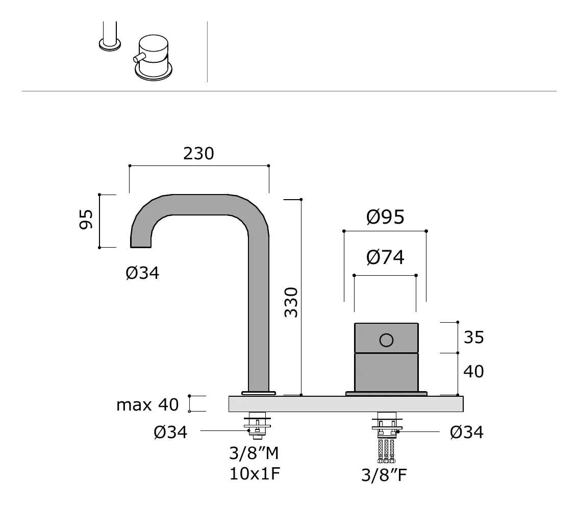 Two Hole Deck Mounted Basin Mixer technical drawing with dimensions