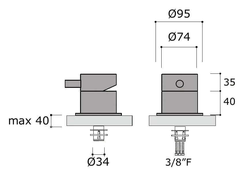 Deck Mounted Basin Mixer technical drawing with dimensions