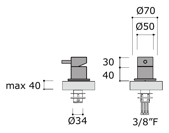 Lever Deck Mounted Mixer for Basin or Bidet technical drawing with dimensions