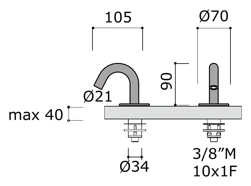 Deck Mounted Bidet Filler Spout technical drawing with dimensions