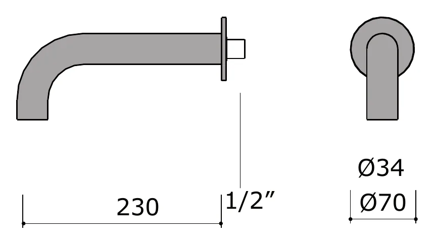 Wall Mounted Bath Spout, 34 mm, 230 mm Projection technical drawing with dimensions