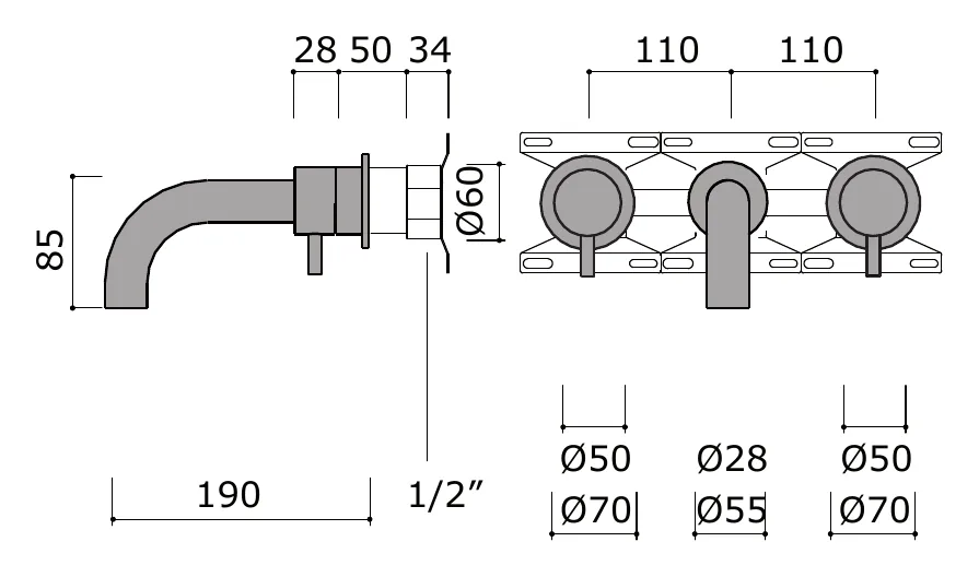 Wall Mounted Basin Faucet With Hot and Cold Controls technical drawing with dimensions