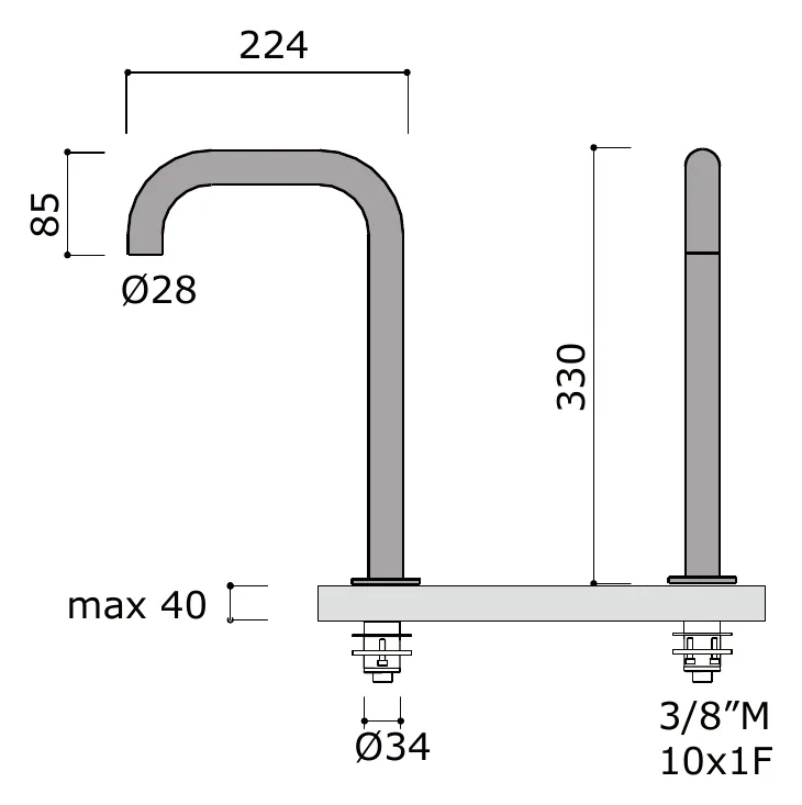 Deck Mounted Spout technical drawing with dimensions