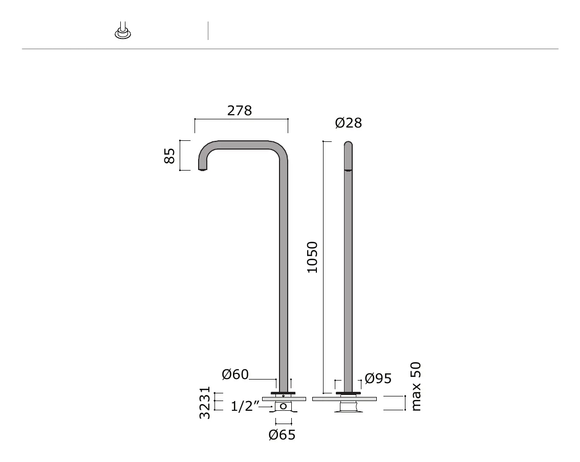 Floor Standing Filler Spout for a Drilling Free Basin technical drawing with dimensions