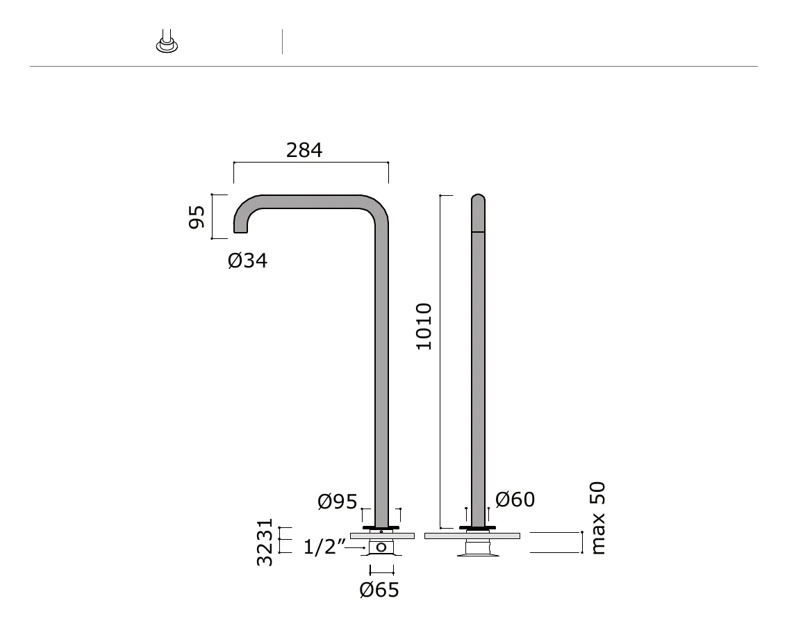 Freestanding Basin Spout technical drawing with dimensions