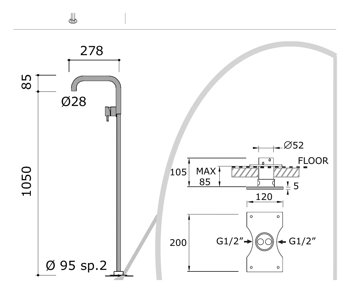 Upright Floor Mixer Column for a Basin technical drawing with dimensions