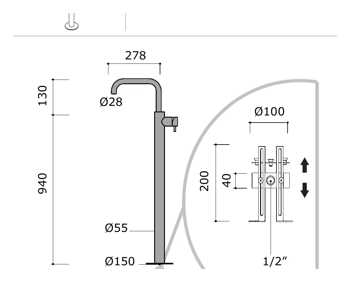 Floor Standing Washbasin Mixer on a Column technical drawing with dimensions