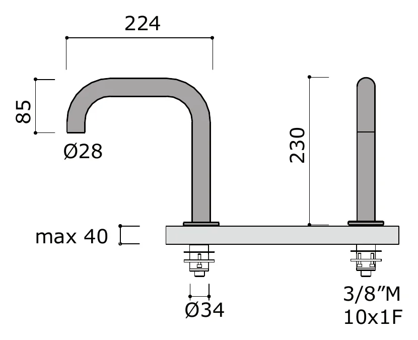 Single Deck Filler Spout for Basin or Bath technical drawing with dimensions