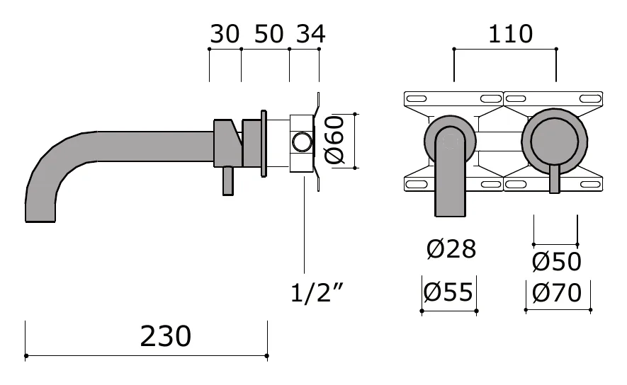 Wall Mounted Bath Set With Mixer and Spout technical drawing with dimensions