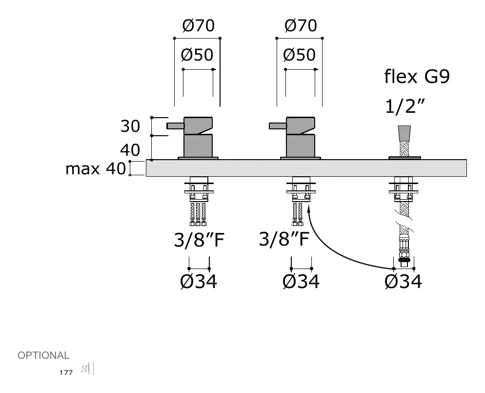 Deck Mounted Bath Set With Hand Shower and Two Mixers technical drawing with dimensions