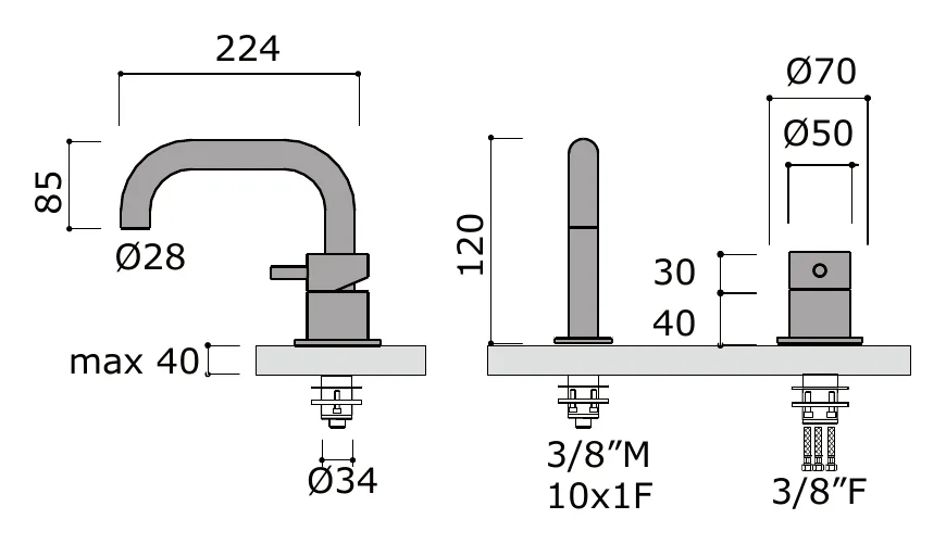 Deck Mounted Bathtub Mixer and Spout Set technical drawing with dimensions