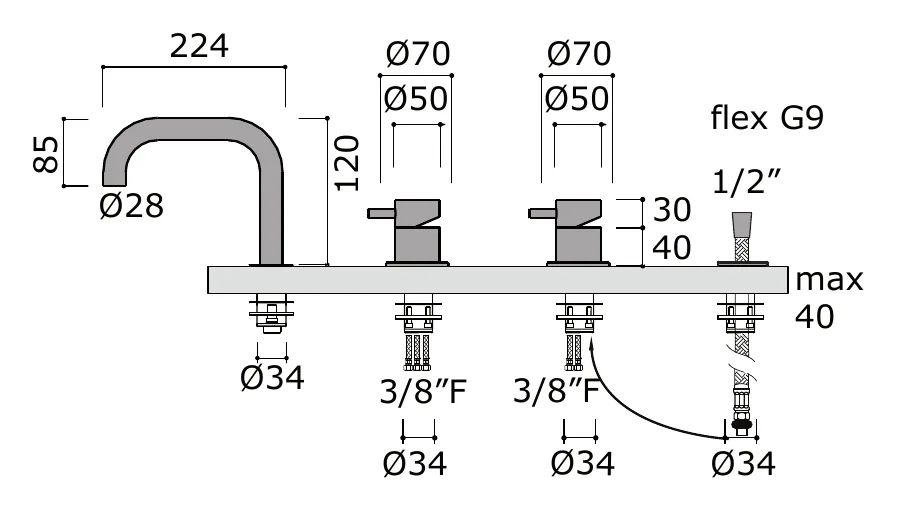 Deck Mounted Bath Set with Two Mixers and Hand Shower technical drawing with dimensions