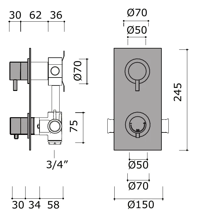 Half Inch Thermostatic Shower Set with Single Shut-Off technical drawing with dimensions