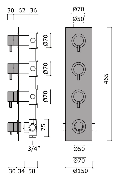 Half Inch Thermostatic Set with Three Shut-Off Valves technical drawing with dimensions