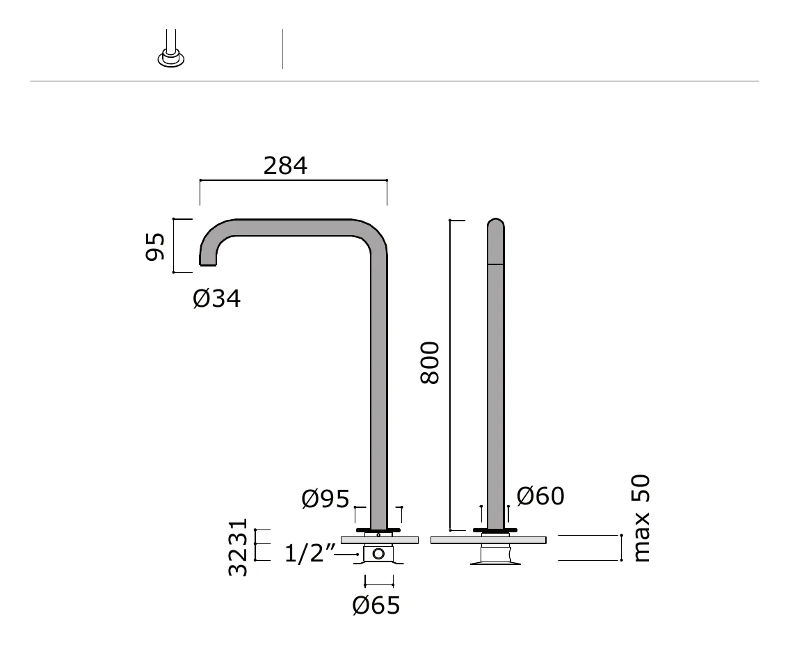 Freestanding Floor Mounted Bath Filler technical drawing with dimensions
