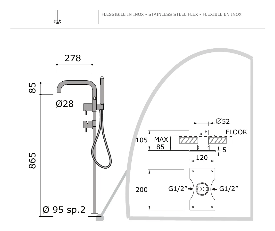 Floor Standing Bath Mixer with Integrated Hand Shower technical drawing with dimensions