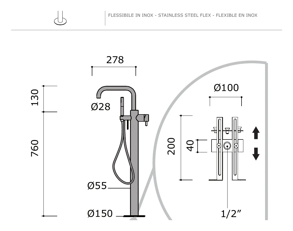 Floor Standing Bath Mixer with Rinsing Hand Shower Set technical drawing with dimensions