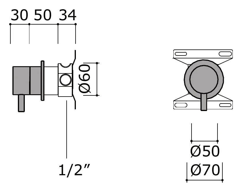Two Way Wall Diverter Switching Bath and Shower Outlets technical drawing with dimensions