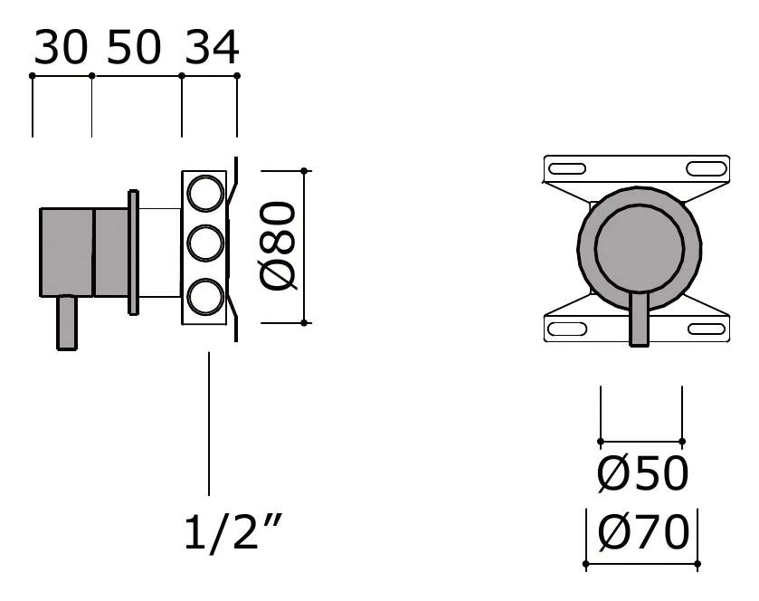 Five Way Exposed Shower Diverter Control technical drawing with dimensions