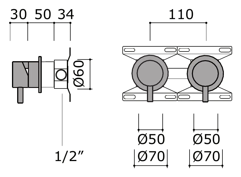 Wall Mounted Mixer and Diverter Group in 316L Steel technical drawing with dimensions