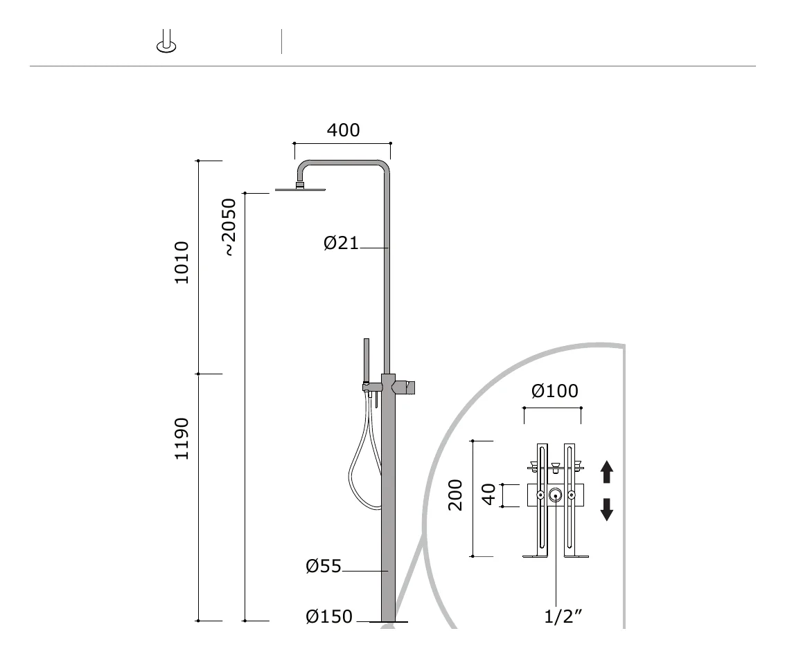 Freestanding Shower Set With Hand Shower And Diverter technical drawing with dimensions