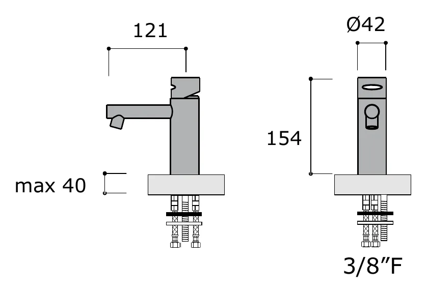 Deck Mounted Bath Mixer With Open Drain technical drawing with dimensions