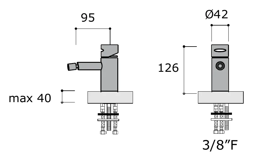 Deck Mounted Bidet Mixer technical drawing with dimensions